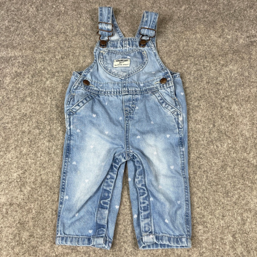 VTG OshKosh Bgosh Baby Girls Light Wash Denim Heart Print Vestbak Overalls 6M